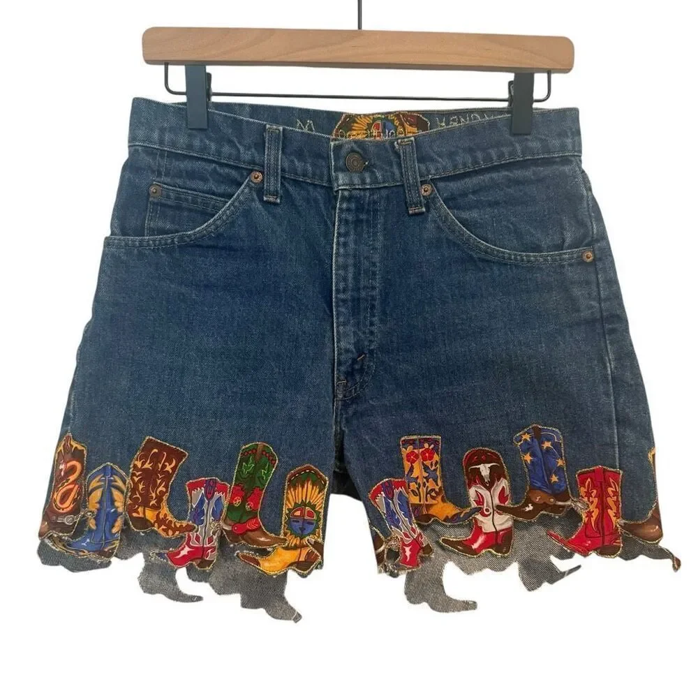 Levi’s Upcycled Cowboy Cowgirl Western Boot Applique Denim Shorts Orange Tab Siz